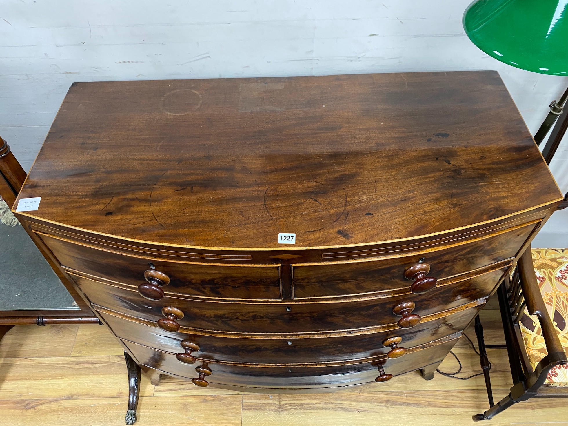 An early Victorian mahogany bowfront chest of two short and three long drawers, width 95cm, depth 51cm, height 106cm